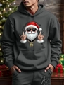 Detail of Santa Claus print hoodie featuring heavy cotton fabric and kangaroo pocket style - S / Dark Gray