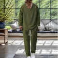 Detailed texture of olive green waffle knit fabric on men's V-neck casual set - S / Top And Bottom / Army Green
