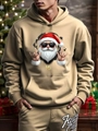 Detail view of khaki hoodie set with hip-hop Santa print and white cursive lettering - S / Khaki