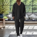Detail von schwarzem Herren V-Ausschnitt Lounge-Set mit Waffelstruktur und Kordelzug - S / Schwarz