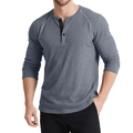 Detail of waffle knit texture and buttoned placket on dark grey men's long sleeve Henley shirt - S / Dark Gray