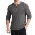 Detail of dark grey Henley shirt featuring contrast stitching and a chest pocket - S / Gray