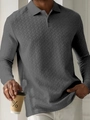Polo de manga larga para hombre en gris oscuro con textura de punto de diamante - S / Gris patrón de trigo