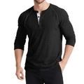 Men's black waffle knit long sleeve Henley shirt with white contrast trim details - S / Tops / Black