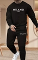 Detail of black hoodie and joggers featuring white Milano Italy printed logo set - XS / Top And Bottom (F2) / Black