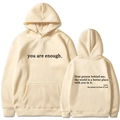 Cream oversized hoodie with motivational You Are Enough text and front kangaroo pocket - S / Tops / Khaki (312)