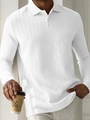 Men's long sleeve polo shirt in pure white with textured knit fabric and classic collar - S / White Wheat Pattern