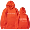 Fleece-lined orange hoodie with white text print and drawstring pouch pocket for unisex - S / Tops / Orange (311)