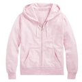 Women's pink zip-up hoodie featuring white drawstrings and ribbed cuffs on plain background - S / Light Pink
