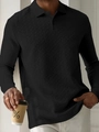 Men's black long sleeve polo shirt with textured geometric jacquard knitting - S / Black Wheat Pattern
