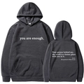 Charcoal grey fleece hoodie with 'you are enough' print and kangaroo pocket - S / Tops / Dark Gray (311)