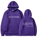 Front and back view of a dark purple hoodie with 'you are enough' print and kangaroo pocket - S / Tops / Purple (311)