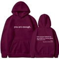 Unisex burgundy fleece hoodie with you are enough printed text and drawstring kangaroo pocket - S / Tops / Wine Red (311)