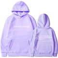 Lavender purple fleece hoodie featuring white 'you are enough' print and back quote - S / Tops / Lavender