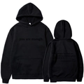 Black unisex fleece hoodie with white letter print and drawstring kangaroo pocket - S / Tops / Black