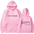 Pink fleece hoodie featuring 'you are enough' typography on front and back views - S / Tops / Pink