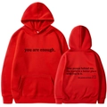 Red drawstring fleece hoodie with 'you are enough' print, front and back view - S / Tops / Red (312)