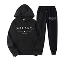 Detail of black hooded sweatshirt and joggers set with Milano Italia print and pockets - XS / Top And Bottom (K1) / Black