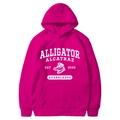 Macro shot of rose red hoodie showing vintage white alligator print and kangaroo pocket - Rose Red