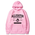 Detailed close-up of pink hoodie with Alligator Alcatraz screen print and kangaroo pocket - Pink