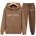 Detailed flat lay of brown tracksuit set with Milano Italia print on white background - XS / Top And Bottom (K2) / Coffee