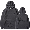 Dark charcoal grey hoodie with you are enough print and drawstring hood in soft fabric - S / Tops / Dark Gray (312)