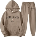 Detail of light brown hoodie set with MILANO ITALIA print and drawstring waist - XS / Top And Bottom / Khaki