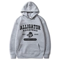 Detail of grey Alligator Alcatraz hoodie showing print, drawstring hood, and pocket - S / Light Gray