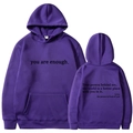 Purple fleece hoodie with 'you are enough' print and kangaroo pocket for men and women - S / Tops / Purple (312)