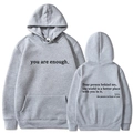 Grey unisex fleece hoodie featuring you are enough slogan print and drawstring hood - S / Tops / Light Gray (312)