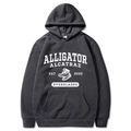 Close-up of Alligator Alcatraz screen print on dark charcoal grey hooded sweatshirt - S / Dark Gray