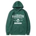 Detail of dark green hoodie featuring white screen-printed alligator graphic and kangaroo pocket - Army Green