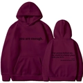 Unisex burgundy fleece hoodie with white lettering print on front and back views - S / Tops / Wine Red (312)