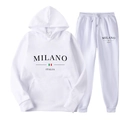 White tracksuit set featuring Milano Italia print with hoodie and drawstring sweatpants - XS / Top And Bottom / White (K14)