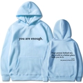Light blue fleece hoodie with you are enough slogan print front and back views - S / Tops / Light Blue (313)