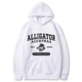 White hooded sweatshirt featuring black alligator alcatraz print and kangaroo pocket - S / White