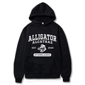 Classic black pullover hoodie featuring white Alligator Alcatraz vintage varsity print - S / Black