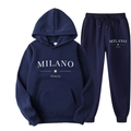 Navy blue fleece hoodie and joggers set with Milano Italia print on soft knit fabric - XS / Top And Bottom / Dark Blue