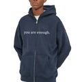 Detail of navy blue oversized hoodie featuring white 'you are enough' slogan print - S / Navy Blue