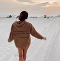 Brown oversized fleece hoodie with motivational back print in a beach sunset setting - S / Tops / Coffee 2
