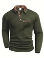Details von Waffelstrick und Karo-Patchwork am olivgrünen Langarm-Poloshirt für Herren - S / Armeegrün