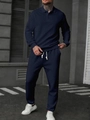 Detail of navy blue men's polo set featuring high-density herringbone knit texture fabric - S / Top And Bottom / Blue