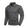 Detail eines Waffelstruktur-Langarm-Poloshirts mit Reißverschlusstasche und Karokragen - S / Grau