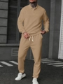 Close-up of khaki polo set featuring premium textured knit fabric and white drawstrings - S / Top And Bottom / Khaki