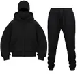 Macro detail of black techwear tracksuit featuring full-zip mask hoodie and tapered joggers - S / Top And Bottom / Custom Logo