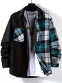 Detail of men's long sleeve shirt with contrast plaid pattern and black patchwork design - S / Top (Patchwork Plaid-ACS33) / Blue