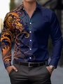 Detail of navy blue and gold baroque floral print on men's long sleeve slim fit shirt - S / Navy Baroque (ACS01)
