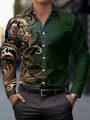 Detail of dark green men's slim shirt with golden Baroque floral print and silk-like finish - S / Dark Green Gold Baroque (ACS01)