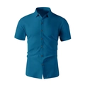 Detail of navy blue slim fit short sleeve shirt with classic collar and brown buttons - S / Lake Blue