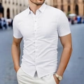 Detail shot of slim-fit white short sleeve shirt with classic lapel and white buttons - S / White